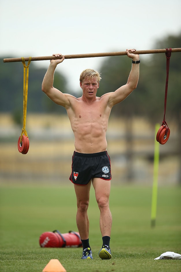 AFL 2016 Training - Sydney Swans 051216 SYDNEY, AUSTRALIA - DECEMBER 05: Isaac Heeney performs strength drills during a Sydney Swans AFL pre-season training session at Lakeside Oval on December 5, 2016 in Sydney, Australia. (Photo by Mark Metcalfe/Getty Images)